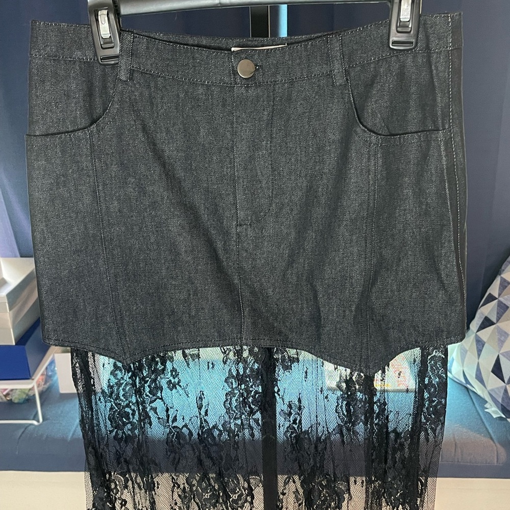 Black Lace Contrast Denim Maxi Skirt by the brand: Edit By Nine.